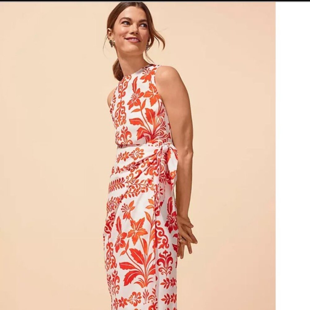 Ann Taylor Orange/White Wrap Dress with Floral Pattern Size 0